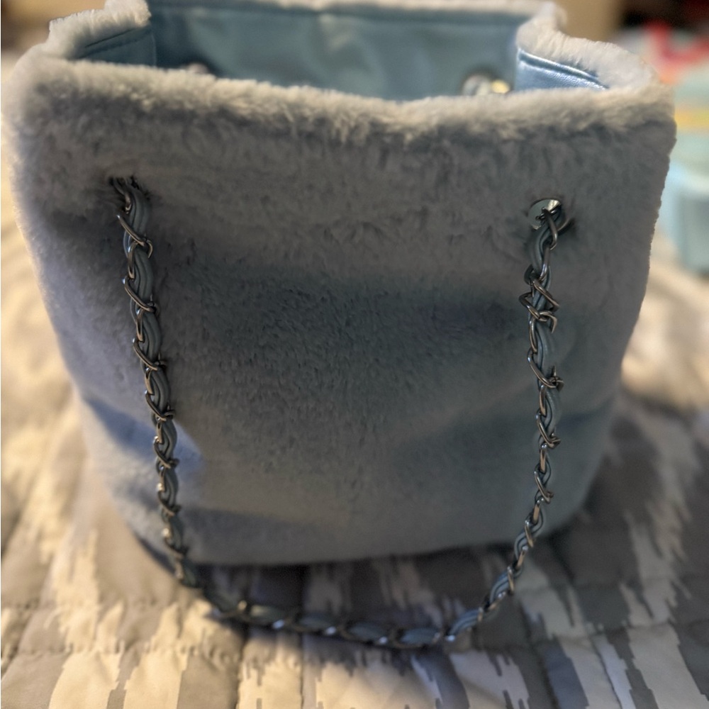 Blue Faux Fur Chain Shoulder Bag